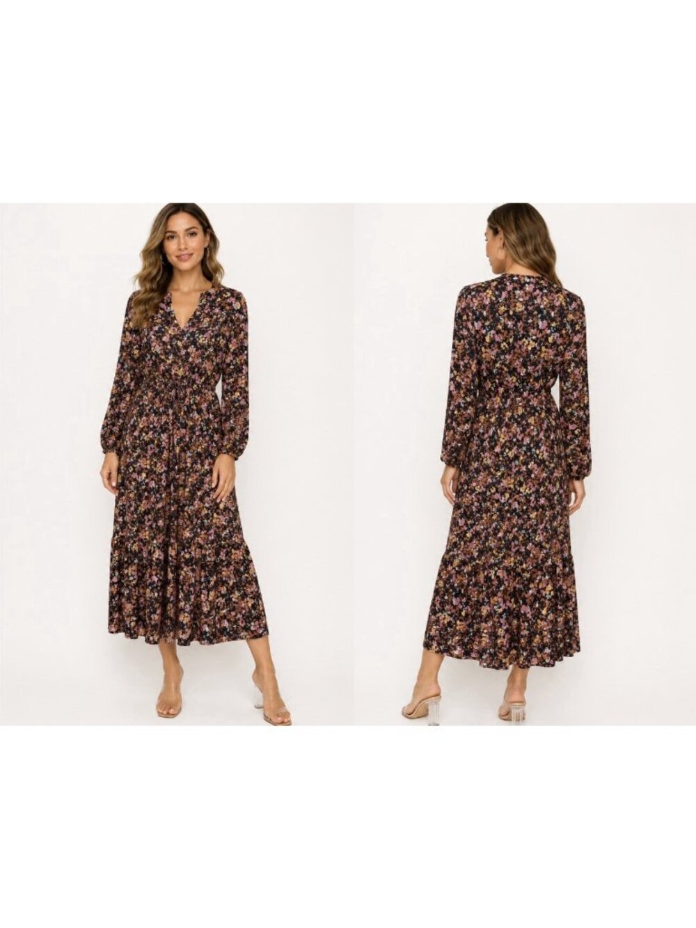 Fat Face Maxi Dress 12 Dark Florals Long Sleeve Pockets Washable NEW